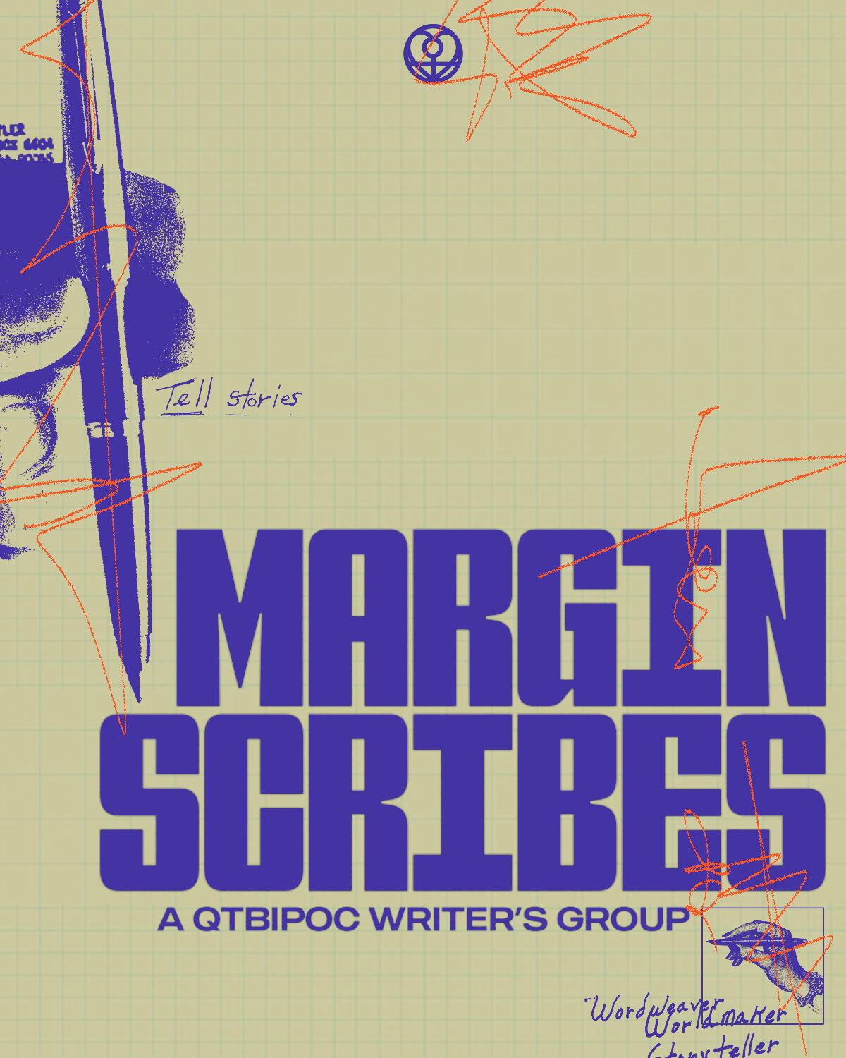 'Margin Scribes' with abstract designs and text on a grid background