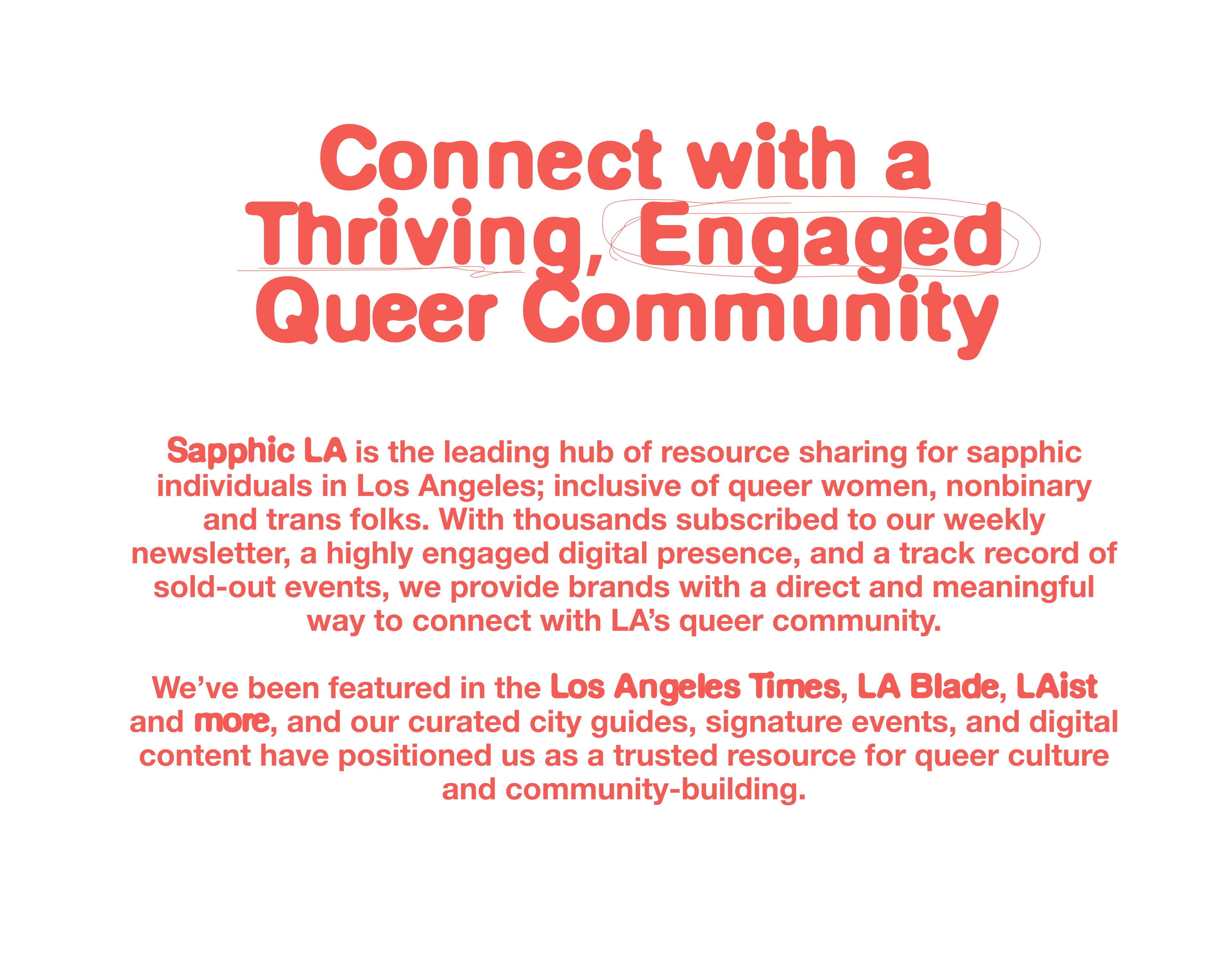 Text promoting a thriving, engaged queer community with Sapphic LA's services on a white background.
