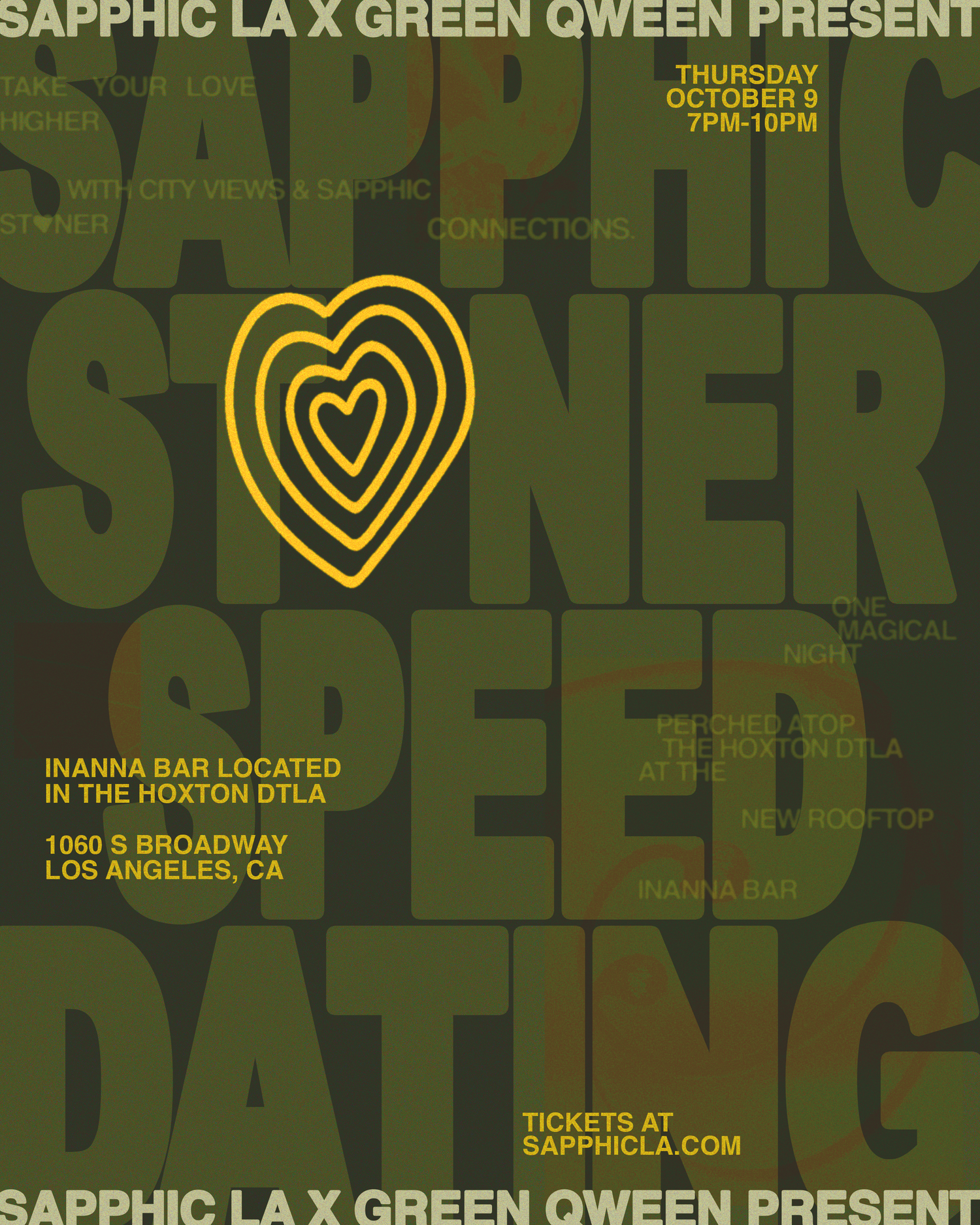 Promotional poster for Sapphic LA x Green Queeen event with heart design and text.